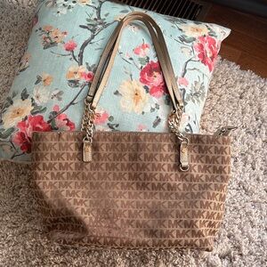 Michael Kors Tan Logo Tote Bag with gold leather and gold trim